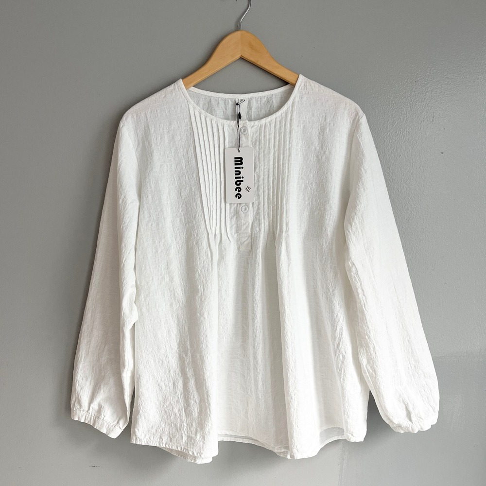 Minibee Womens White Linen Blend Pintuck Henley Blouse Top Long Sleeve 2XL NWT